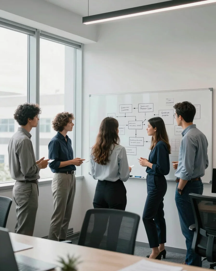 Modern office environment, a team collaborating around a whiteboard with process maps, bright natural window light, cool