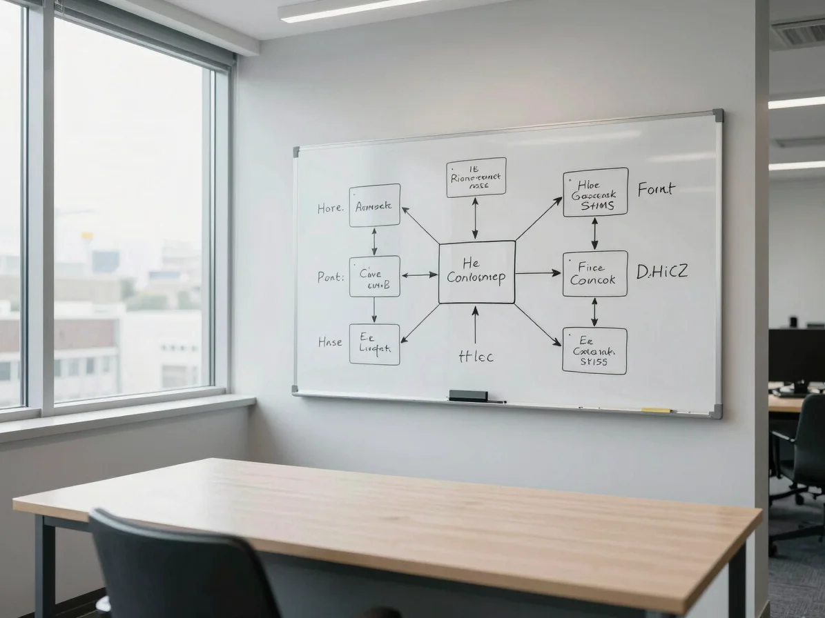 Overhead shot of a clean modern desk with a whiteboard showing a