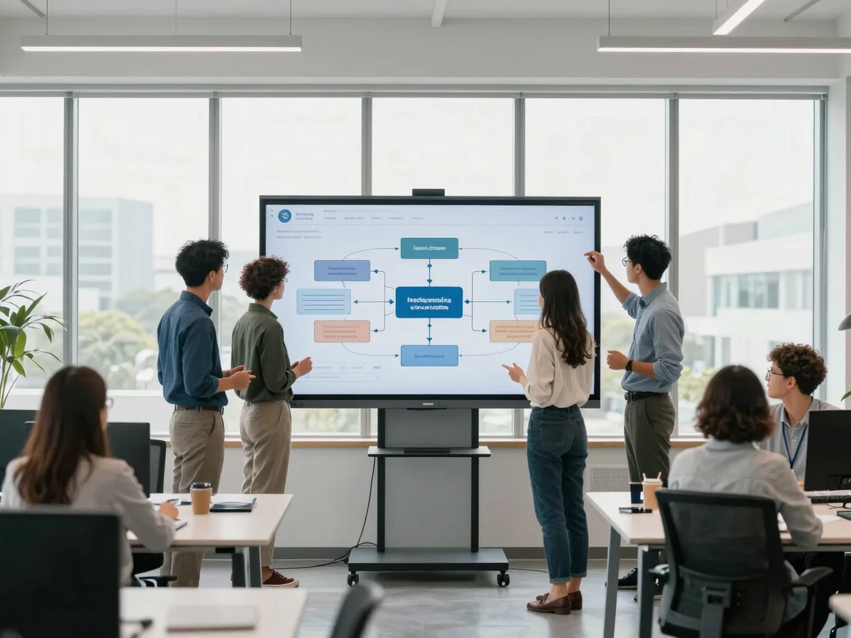 Medium shot of a modern workspace, a diverse team collaborating a