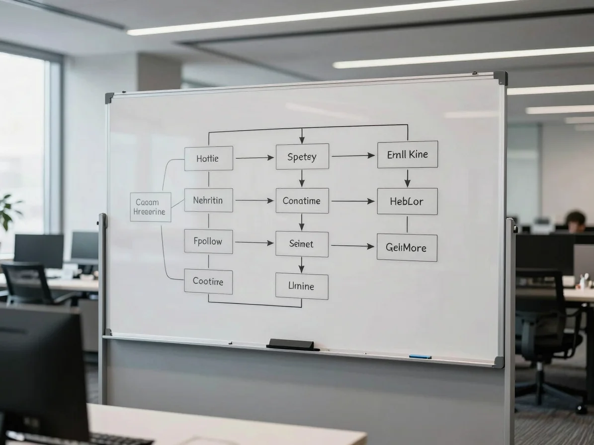 Modern office environment with structured logic whiteboard, showi