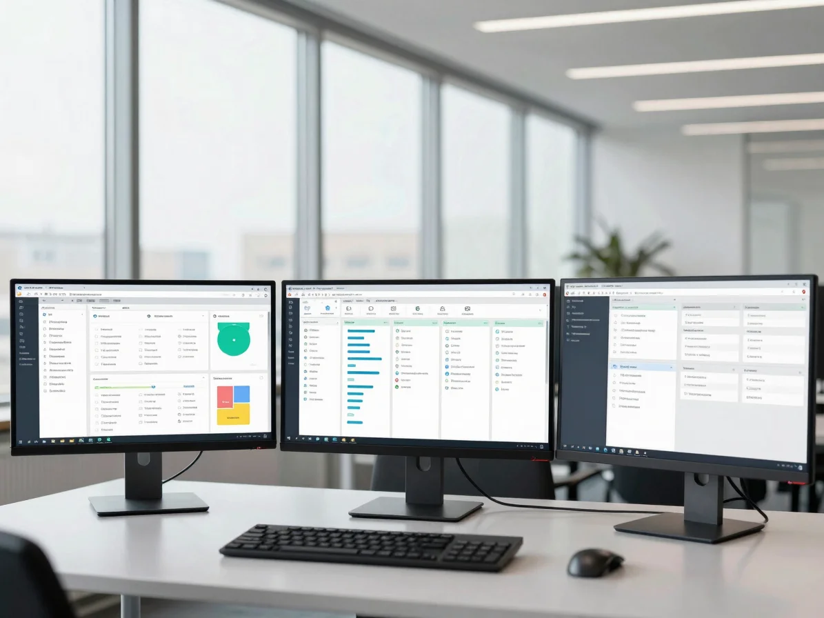 Clean software dashboard on multiple monitors, displaying integra