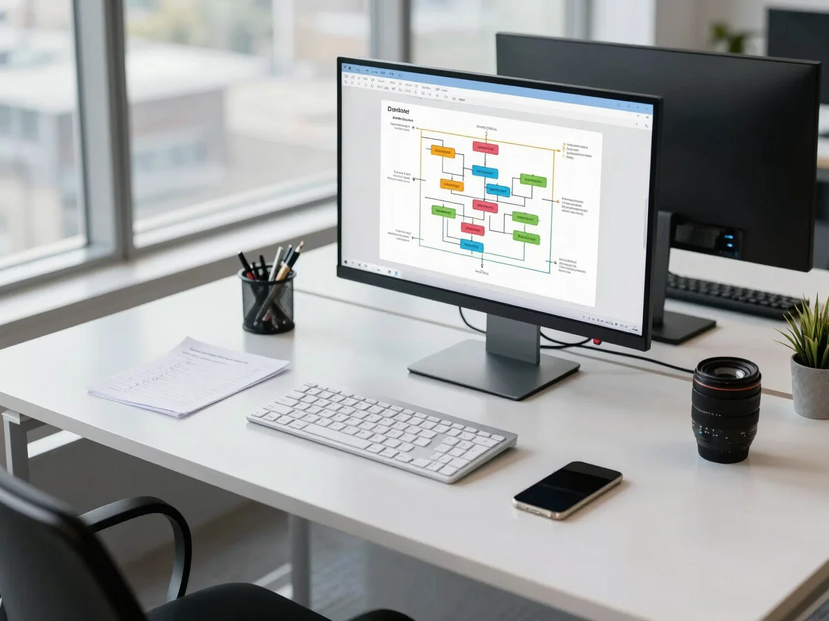Overhead desk study with a clean monitor setup, showing a process